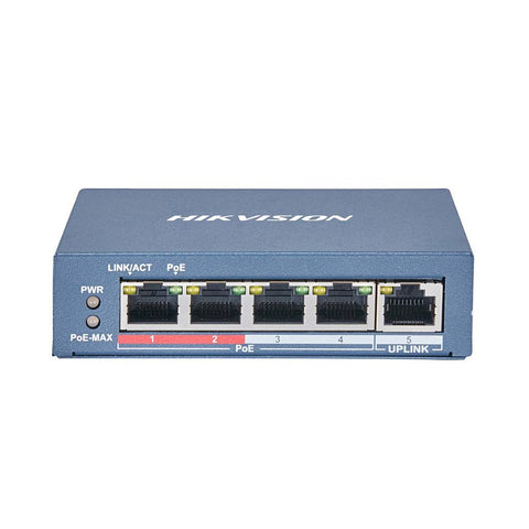 Unmanaged Switch 10/100 Mbit/s 4 PoE-Ports + 1 Uplink RJ45-Port 300 m 6KV Hikvision