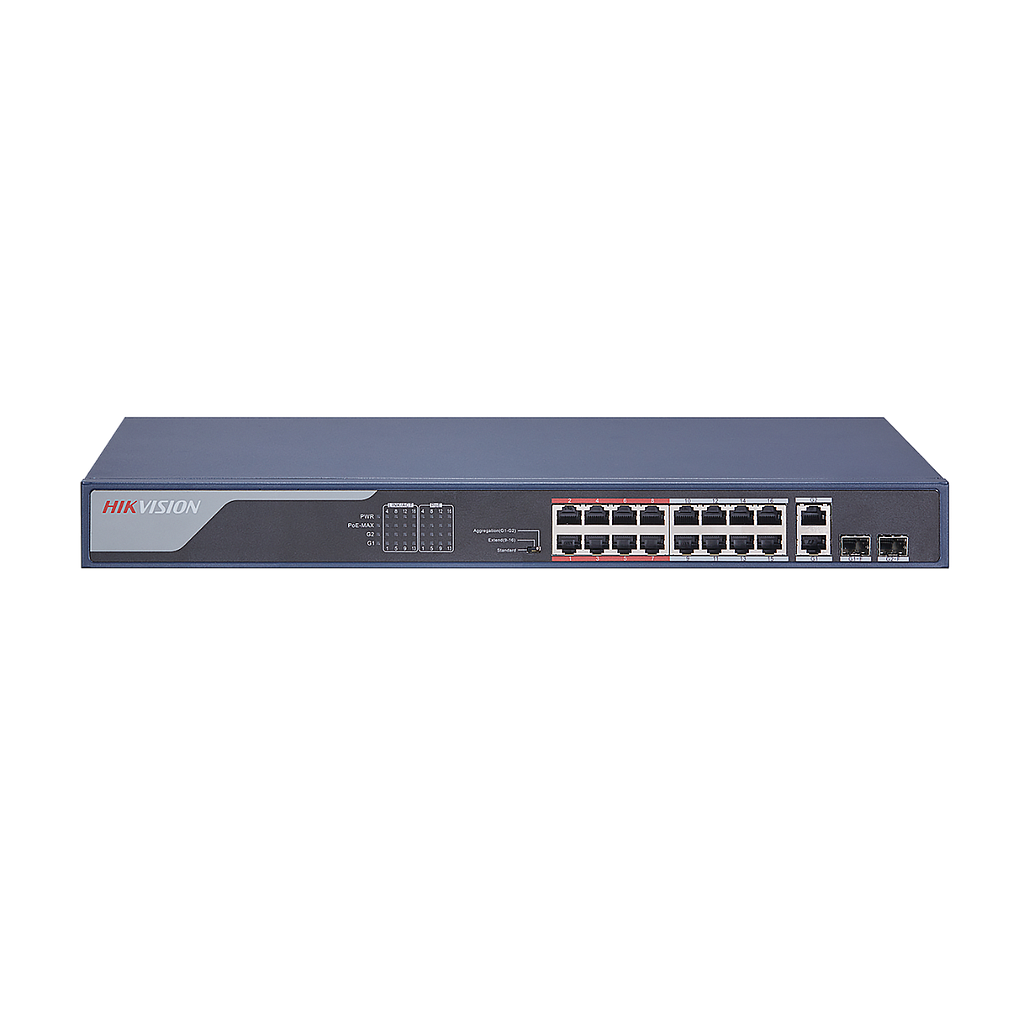 Hikvision 16-Port 100 Mbit/s Unmanaged PoE-Switch mit großer Reichweite, 2 × 1000 Mbit/s RJ45-Port und 2 × 1000 Mbit/s SFP-Uplink-Port, 230 W