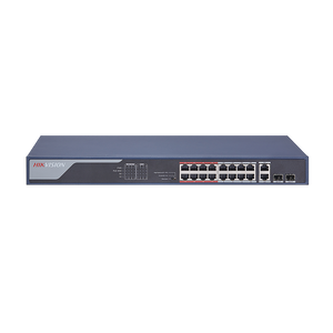 Hikvision 16-Port 100 Mbit/s Unmanaged PoE-Switch mit großer Reichweite, 2 × 1000 Mbit/s RJ45-Port und 2 × 1000 Mbit/s SFP-Uplink-Port, 230 W