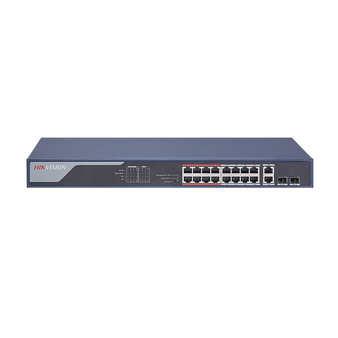Hikvision 16-Port 100 Mbit/s Unmanaged PoE-Switch mit großer Reichweite, 2 × 1000 Mbit/s RJ45-Port und 2 × 1000 Mbit/s SFP-Uplink-Port, 230 W