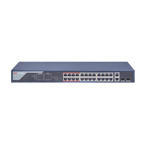 Hikvision 24-Ports 100 Mbit/s Unmanaged PoE-Switch mit großer Reichweite, 2 × 1000 Mbit/s RJ45-Port und 2 × 1000 Mbit/s SFP-Uplink-Port, 370 W